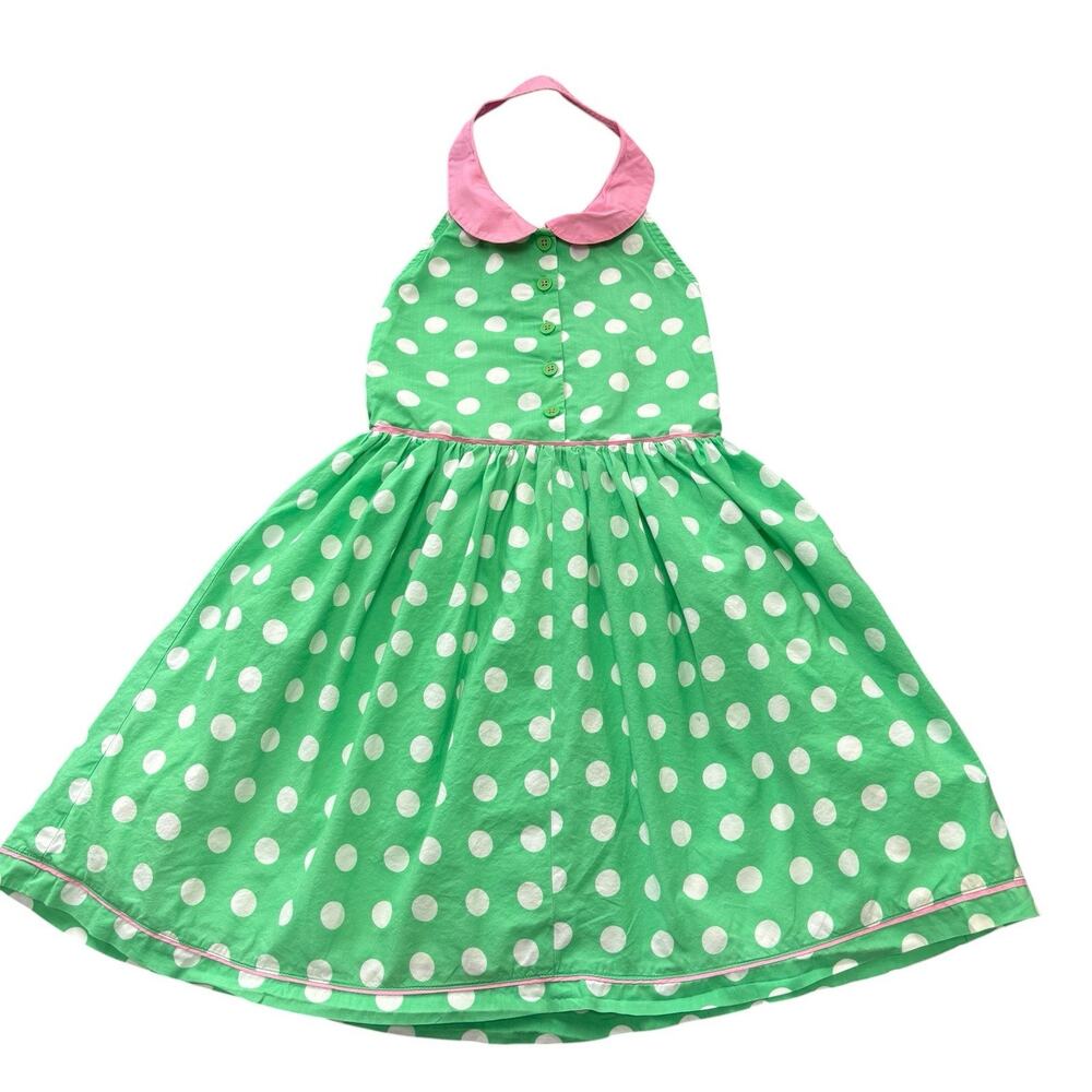 Mini Boden Green Polka Dot Halter Dress Pink Collar Lined Buttons Smocked 6-7